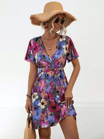 Printed Surplice Tie Waist Mini Dress - Trendsi - Flyclothing LLC