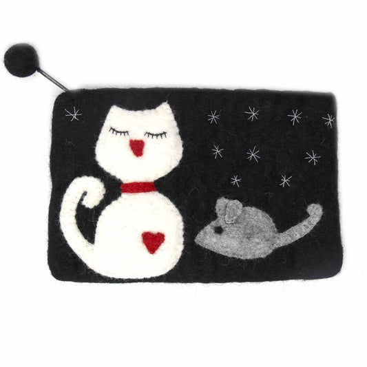 Hand Crafted Felt: White Cat Pouch - Global Groove Direct