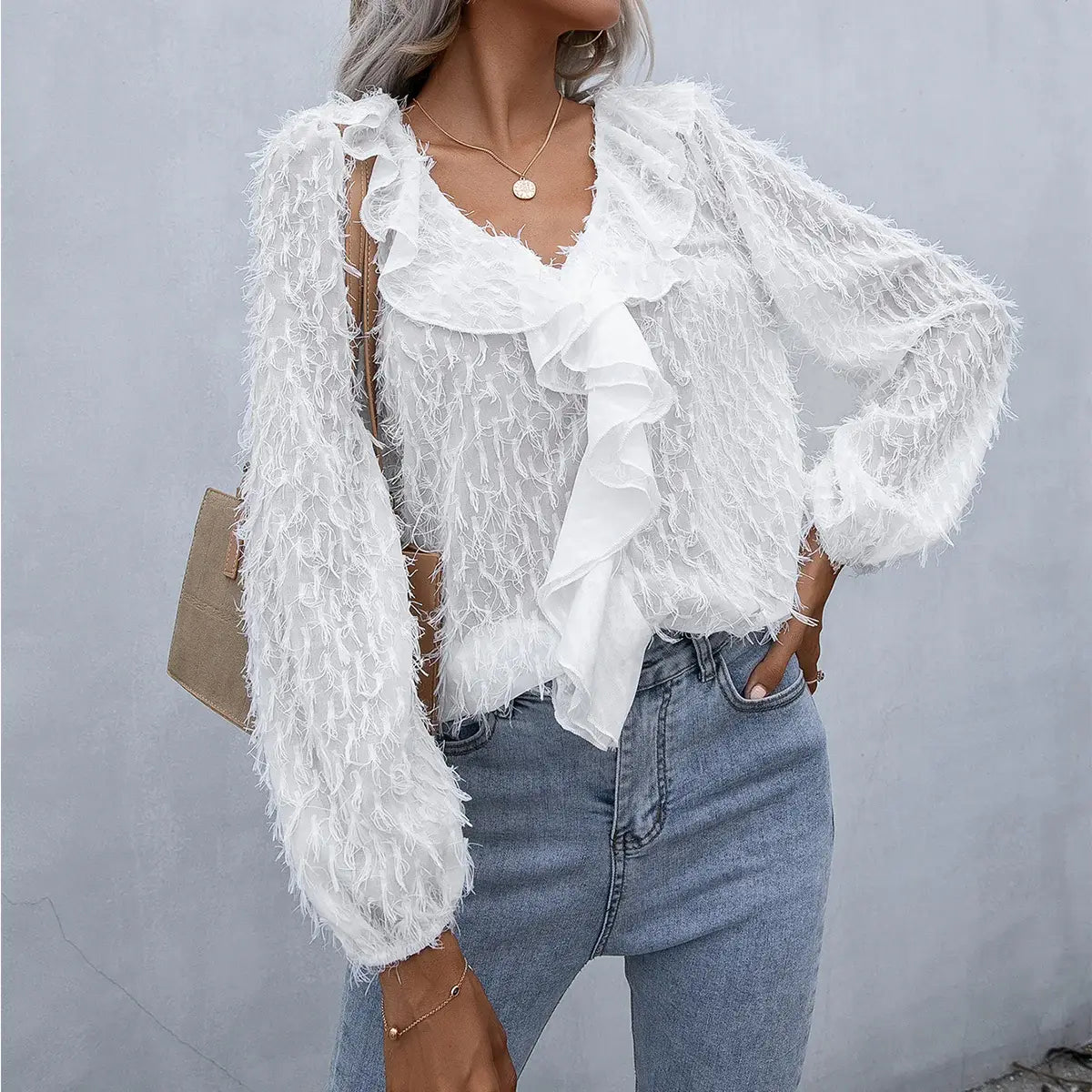 Ruffle Hem Fringe V-Neck Balloon Sleeve Blouse - Trendsi - Flyclothing LLC