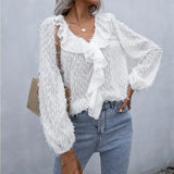 Ruffle Hem Fringe V-Neck Balloon Sleeve Blouse - Trendsi - Flyclothing LLC