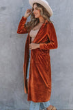 Collared Neck Longline Velvet Cardigan with Pockets - Trendsi