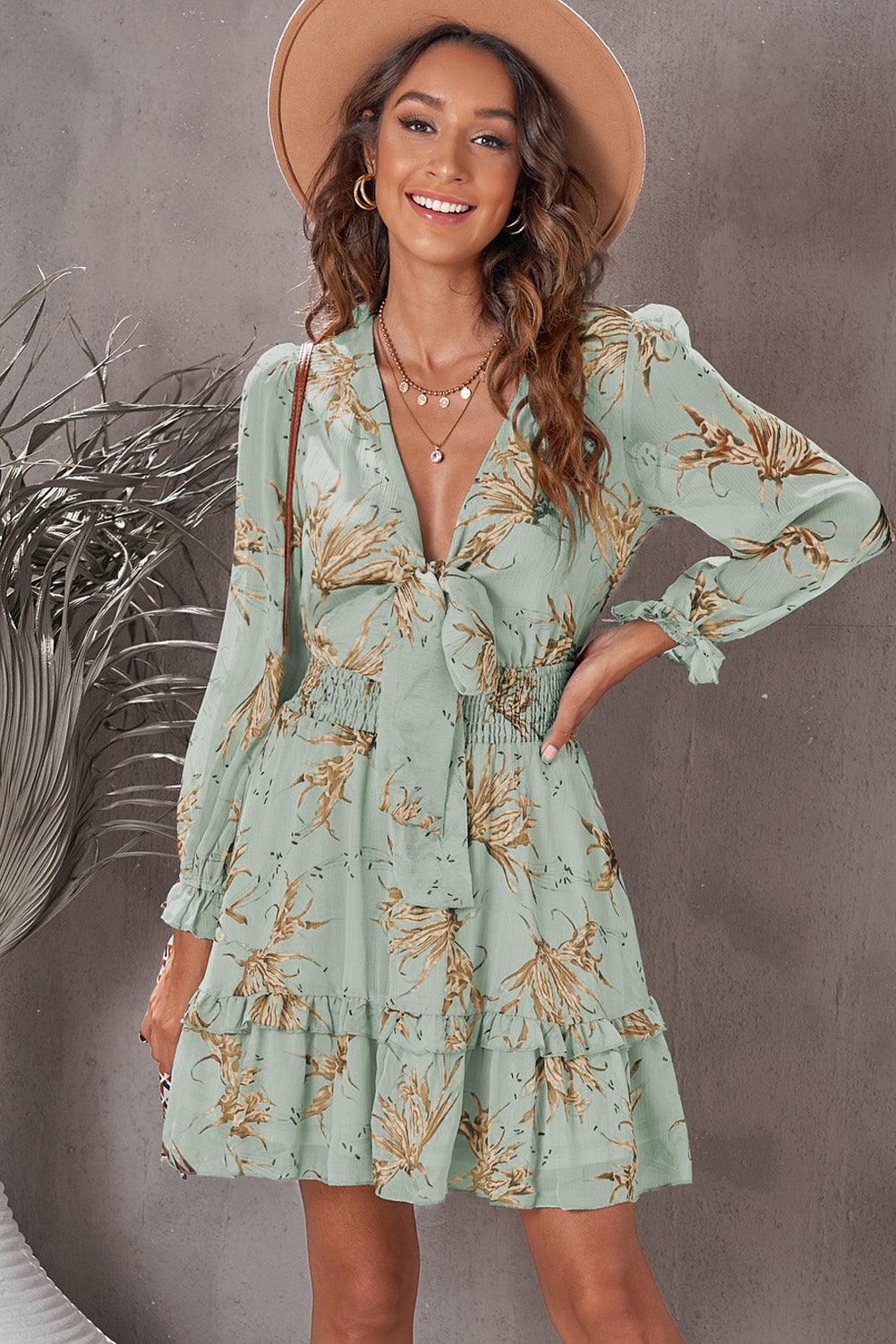 Floral Deep V Flounce Sleeve Mini Dress - Flyclothing LLC