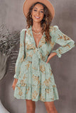 Floral Deep V Flounce Sleeve Mini Dress - Trendsi - Flyclothing LLC