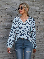 Leopard V-Neck Decorative Button Long Sleeve Blouse - Trendsi