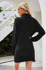 Rib-Knit Turtleneck Drop Shoulder Sweater Dress - Flyclothing LLC