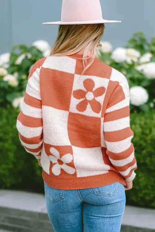 Contrast Round Neck Long Sleeve Sweater - Trendsi - Flyclothing LLC