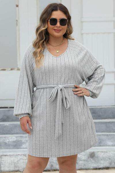 Plus Size Ribbed Tie Front Long Sleeve Sweater Dress - Trendsi - Flyclothing LLC