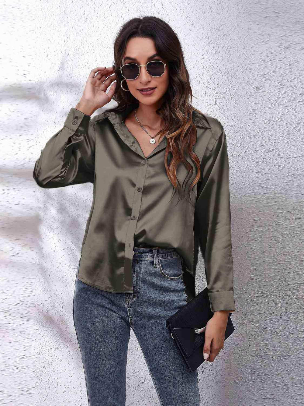 Collared Neck Buttoned Long Sleeve Shirt - Trendsi - Flyclothing LLC