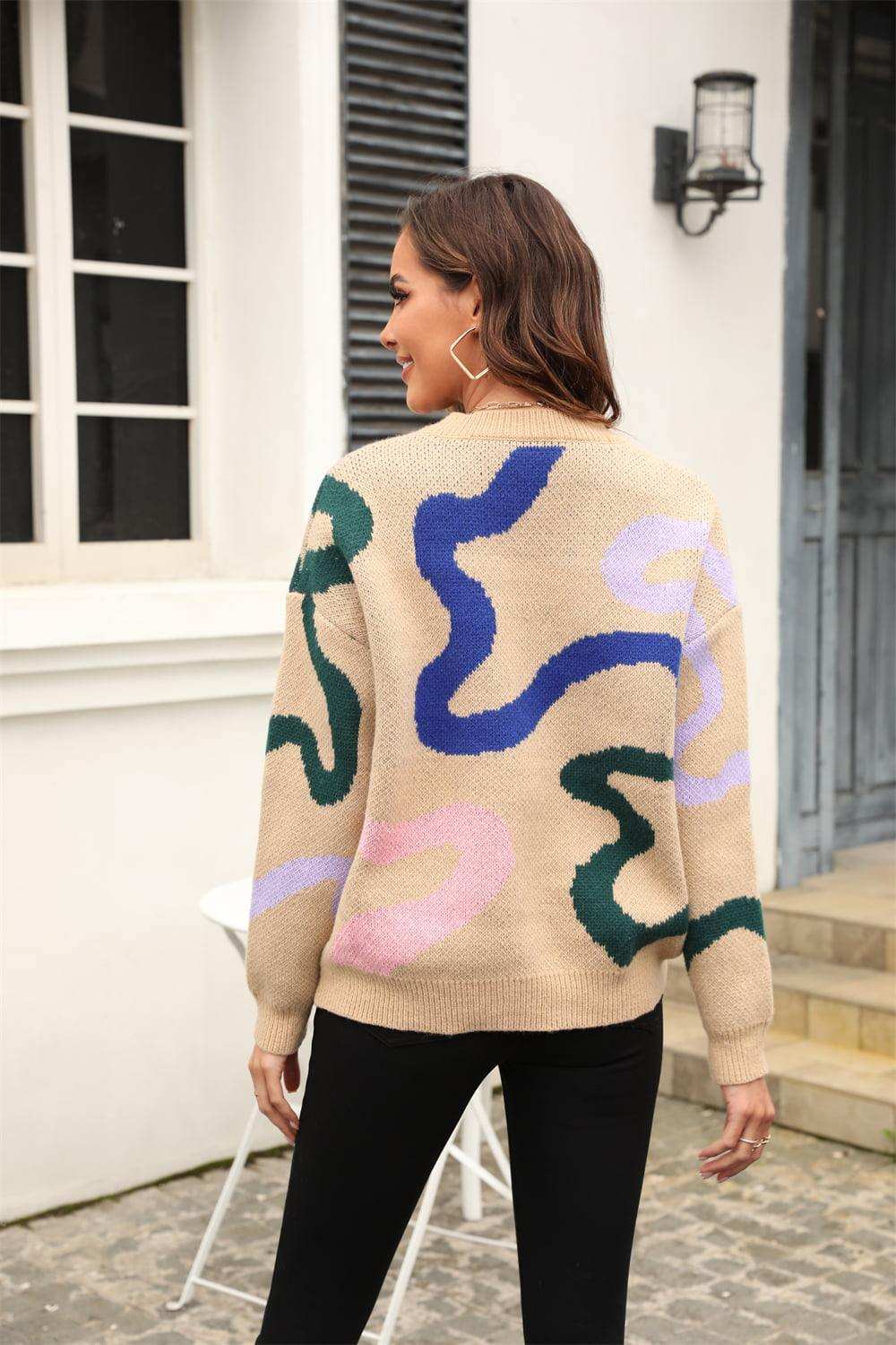 Printed Round Neck Dropped Shoulder Pullover Sweater - Trendsi - Flyclothing LLC