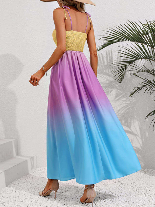 Color Block Tie Shoulder Smocked Maxi Dress - Trendsi - Flyclothing LLC