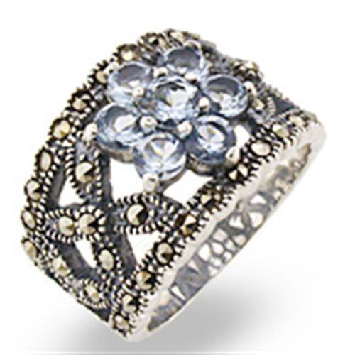 Alamode Antique Tone 925 Sterling Silver Ring with Synthetic Spinel in Sea Blue - Alamode