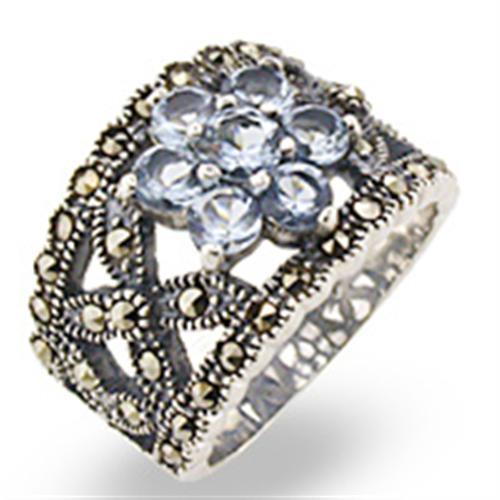 Alamode Antique Tone 925 Sterling Silver Ring with Synthetic Spinel in Sea Blue - Flyclothing LLC