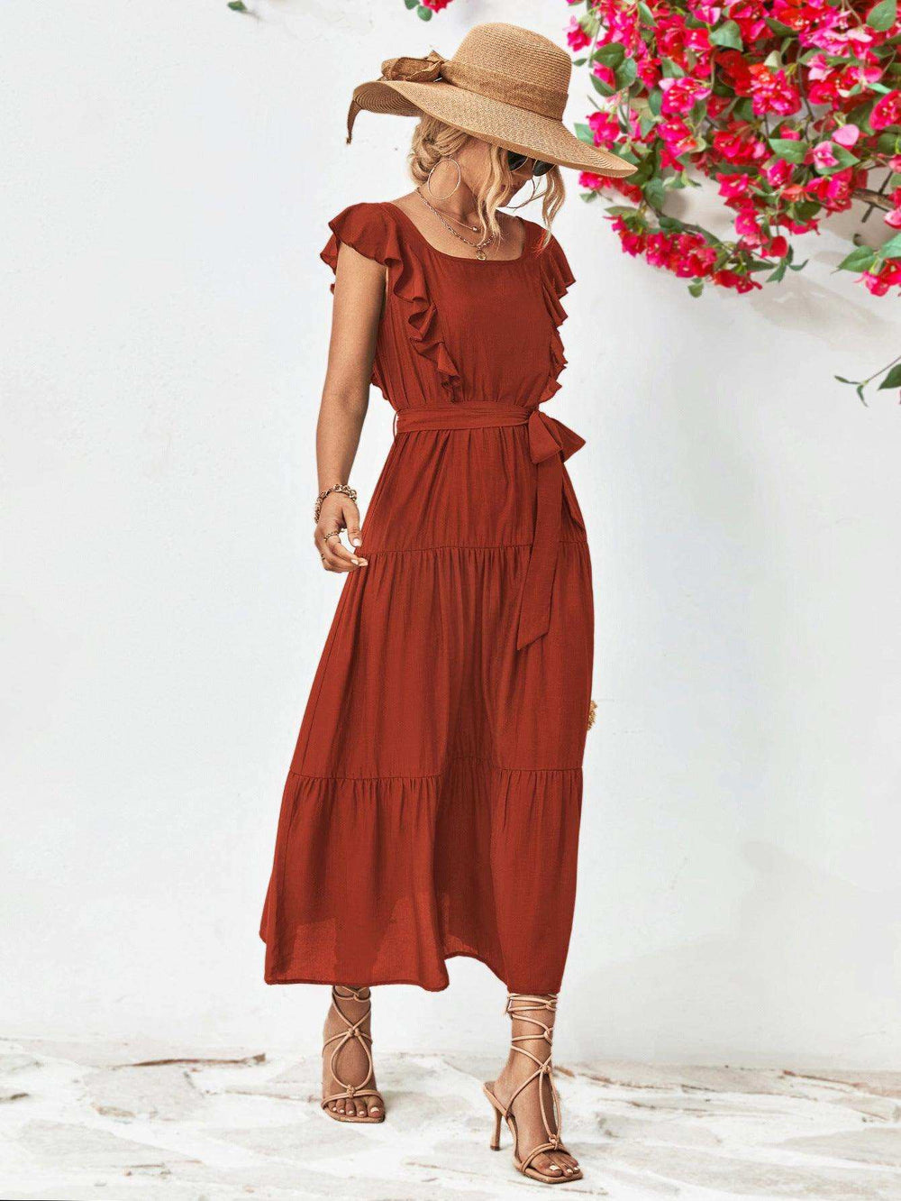 Tie Belt Ruffled Tiered Dress - Trendsi - Flyclothing LLC