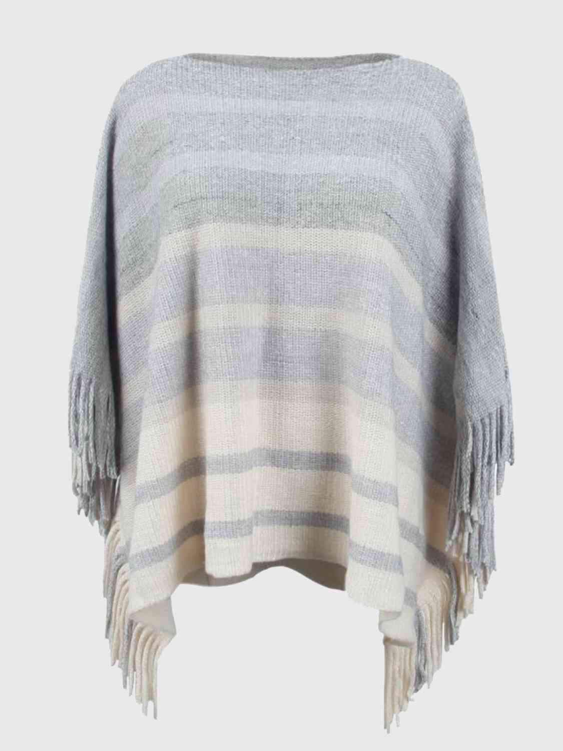 Striped Boat Neck Poncho with Fringes - Trendsi - Flyclothing LLC