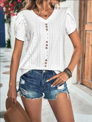 Eyelet V-Neck Petal Sleeve T-Shirt - Trendsi