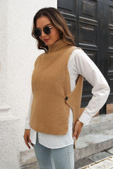 Ribbed Mock Neck Sleeveless Sweater Vest - Trendsi