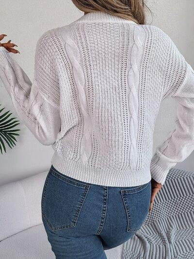 Cable-Knit Buttoned Round Neck Sweater - Trendsi