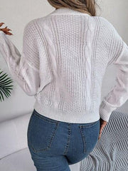 Cable-Knit Buttoned Round Neck Sweater - Trendsi
