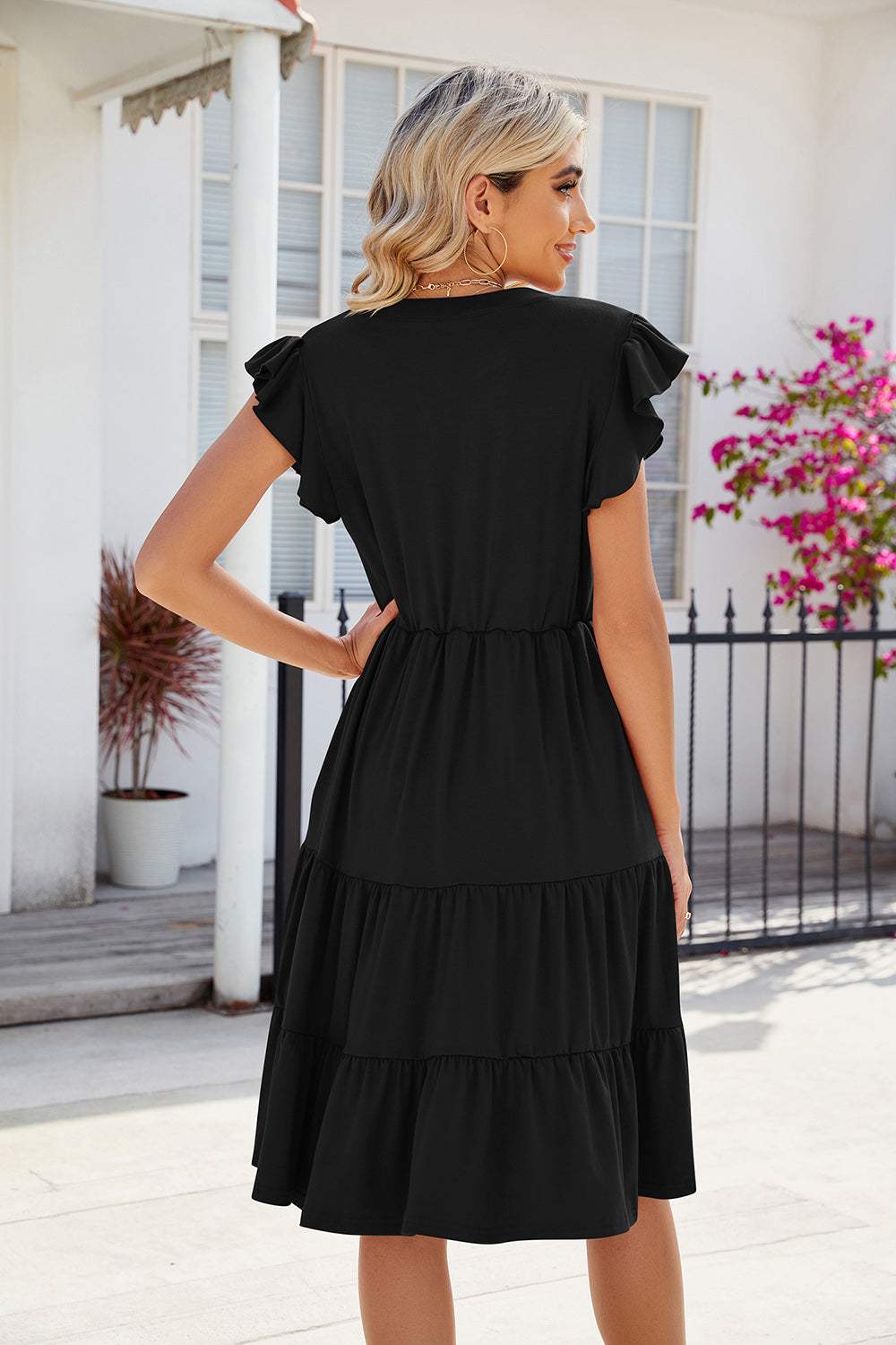 Ruched Notched Cap Sleeve Dress - Trendsi - Flyclothing LLC