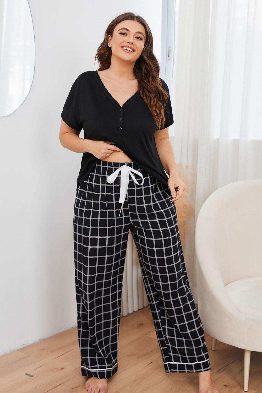 Plus Size V-Neck Top and Plaid Pants Lounge Set - Trendsi - Flyclothing LLC