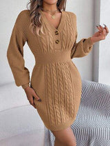 Buttoned Cable-Knit V-Neck Sweater Dress - Trendsi - Flyclothing LLC