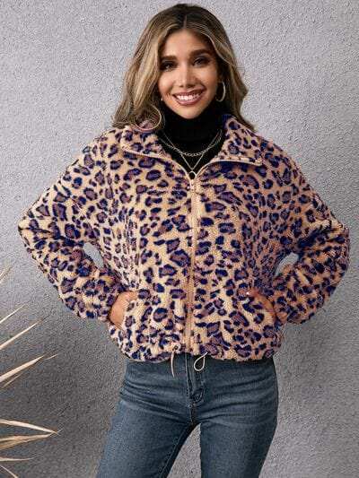 Drawstring Leopard Zip Up Jacket - Trendsi - Flyclothing LLC