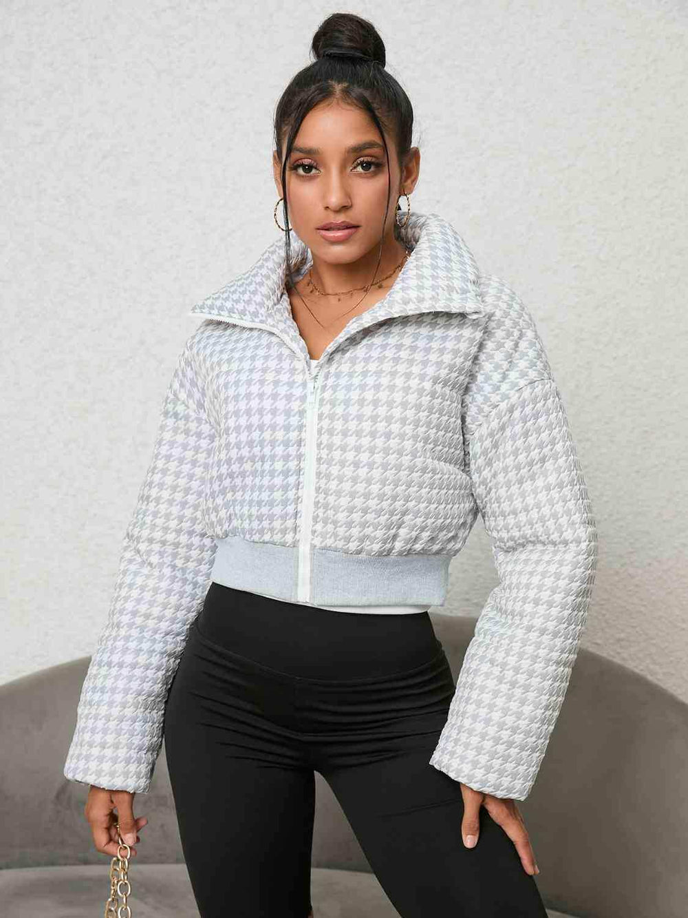 Houndstooth Zip-Up Jacket - Trendsi - Flyclothing LLC