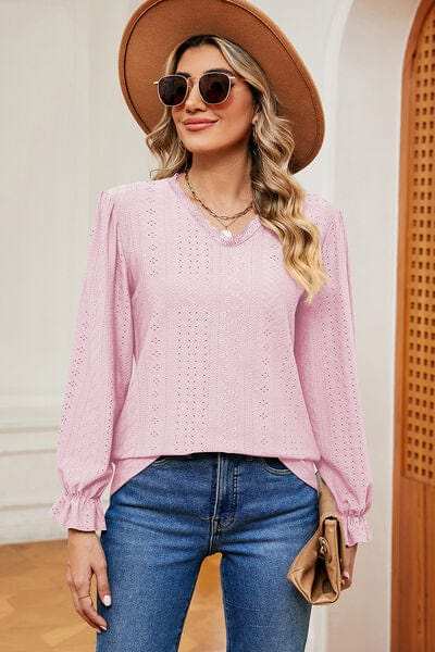 Eyelet V-Neck Flounce Sleeve T-Shirt - Trendsi - Flyclothing LLC
