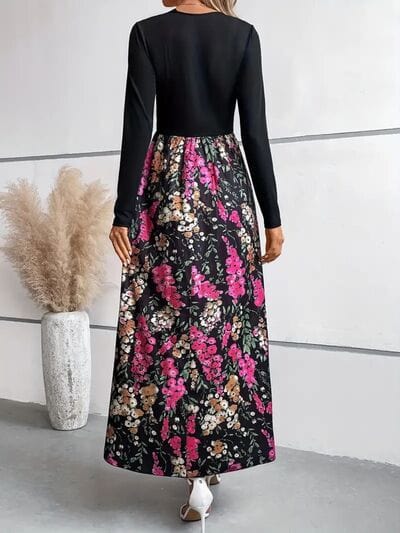 Floral Round Neck Long Sleeve Maxi Dress - Trendsi