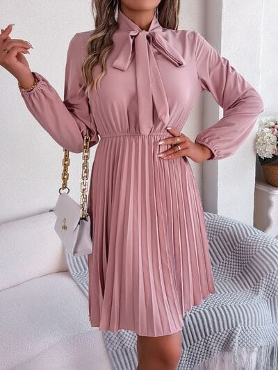 Tie Neck Balloon Sleeve Pleated Dress - Trendsi