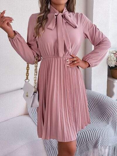 Tie Neck Balloon Sleeve Pleated Dress - Trendsi - Flyclothing LLC
