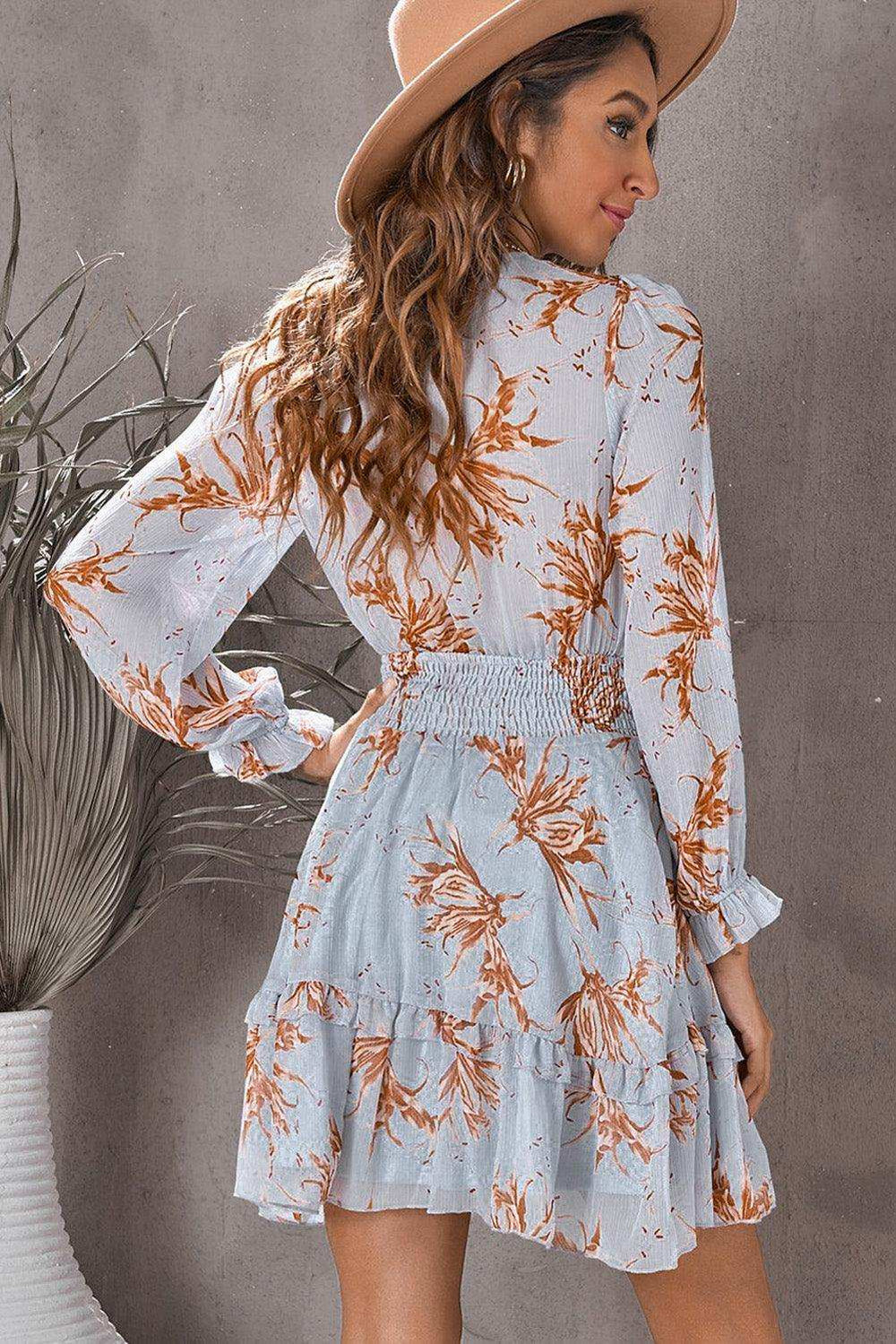 Floral Deep V Flounce Sleeve Mini Dress - Trendsi - Flyclothing LLC