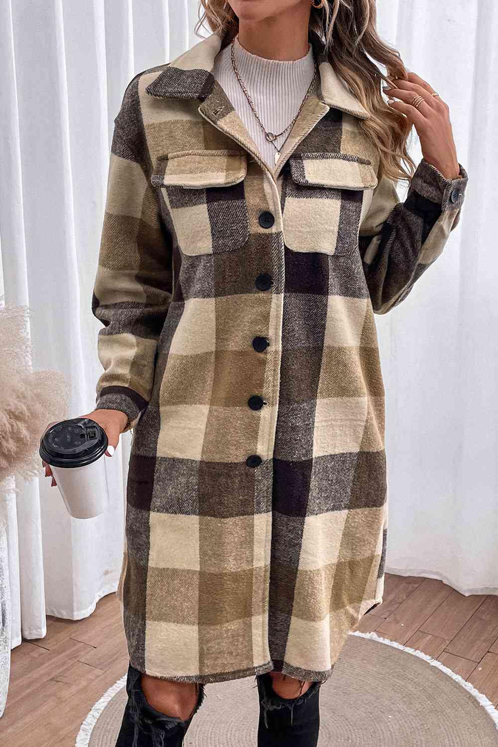 Plaid Button Down Longline Coat - Trendsi