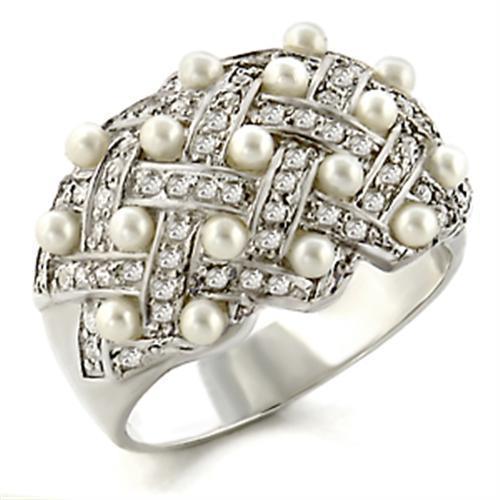 Alamode High-Polished 925 Sterling Silver Ring with Synthetic Pearl in White - Flyclothing LLC
