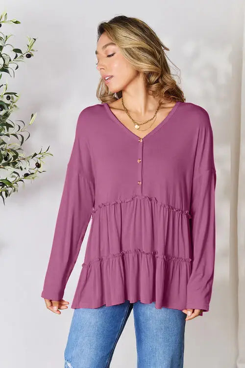 Double Take Half Button Long Sleeve Ruffle Hem Blouse - Trendsi - Flyclothing LLC