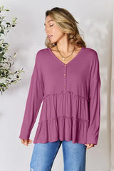 Double Take Half Button Long Sleeve Ruffle Hem Blouse - Trendsi - Flyclothing LLC