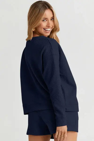 Double Take Full Size Texture Long Sleeve Top and Drawstring Shorts Set - Trendsi - Flyclothing LLC