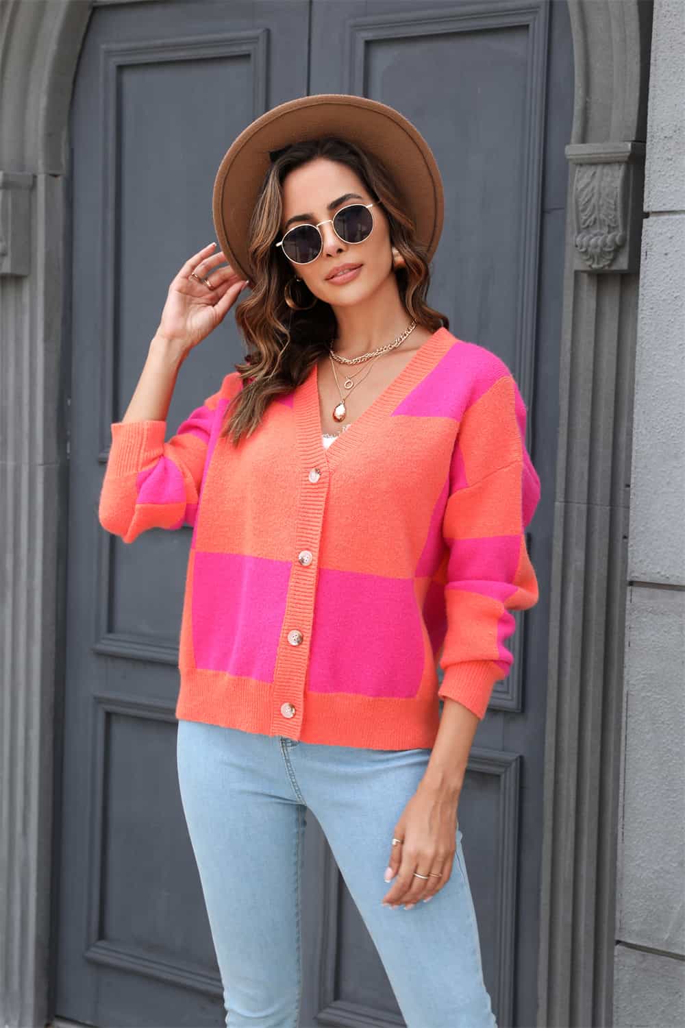 Plaid V-Neck Dropped Shoulder Cardigan - Trendsi - Flyclothing LLC