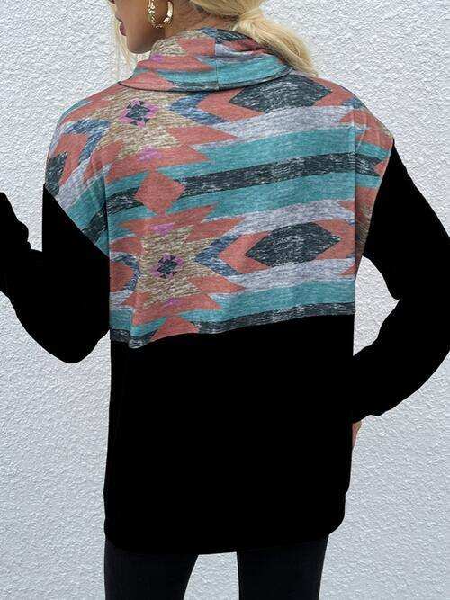 Geometric Drawstring Long-Sleeve Sweatshirt - Trendsi - Flyclothing LLC