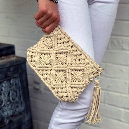 Macrame Clutch with Tassel, Cream - Flyclothing LLC