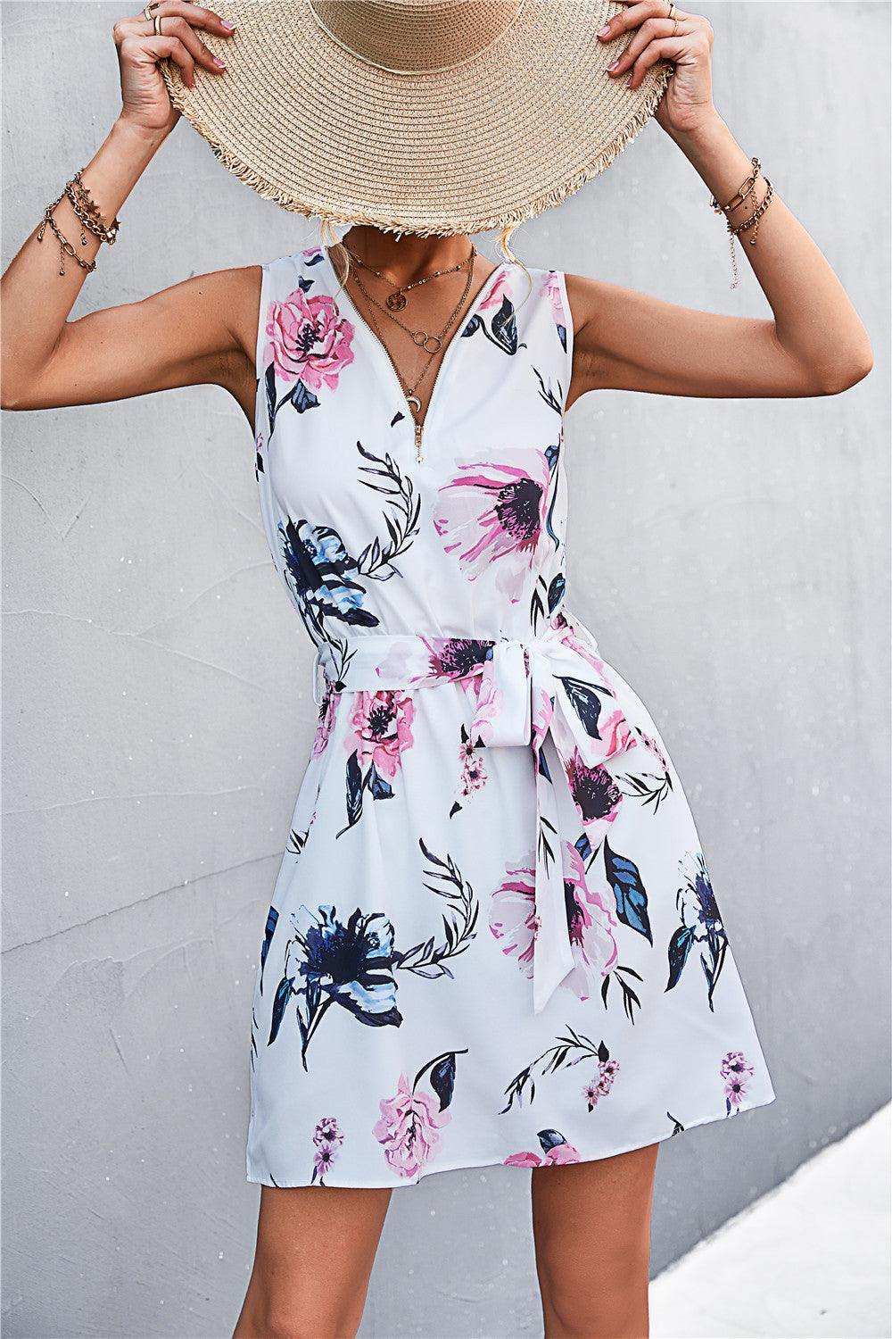 Printed Zip Detail Belted Sleeveless Dress - Trendsi - Flyclothing LLC