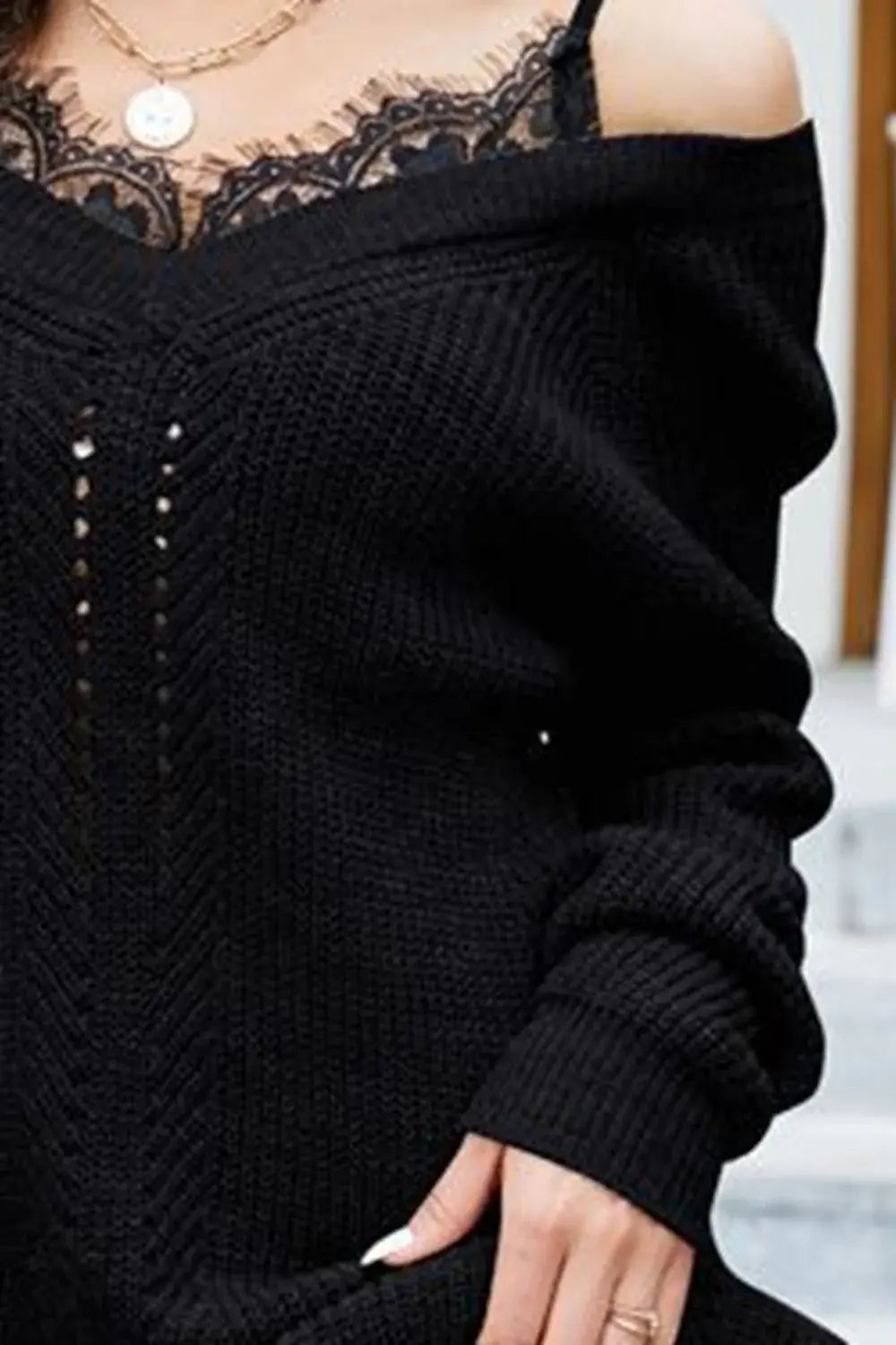 Openwork V-Neck Long Sleeve Sweater - Trendsi - Flyclothing LLC