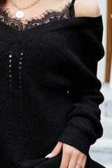Openwork V-Neck Long Sleeve Sweater - Trendsi - Flyclothing LLC