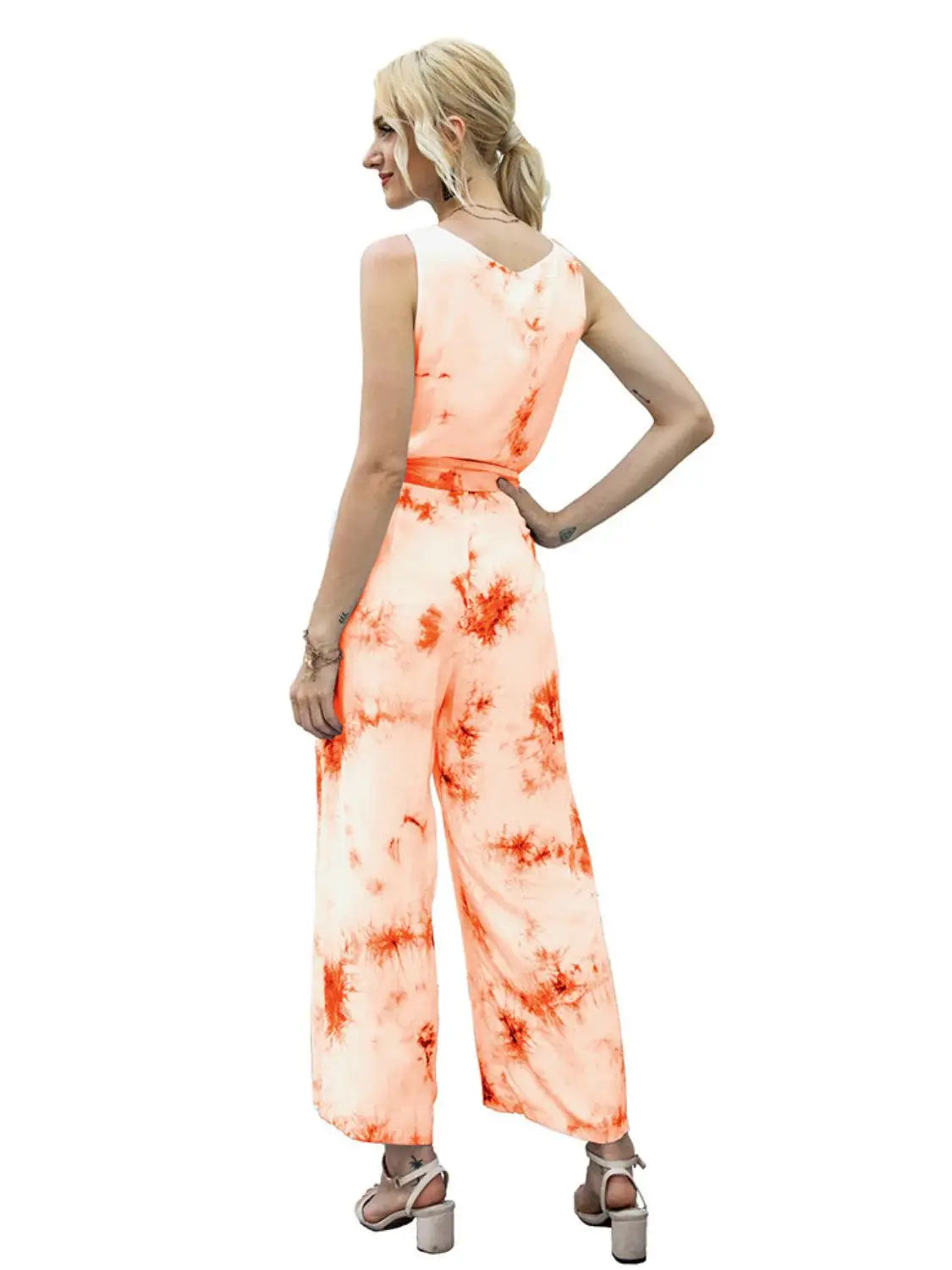 Tie-Dye Tie Waist Sleeveless Jumpsuit - Trendsi - Flyclothing LLC