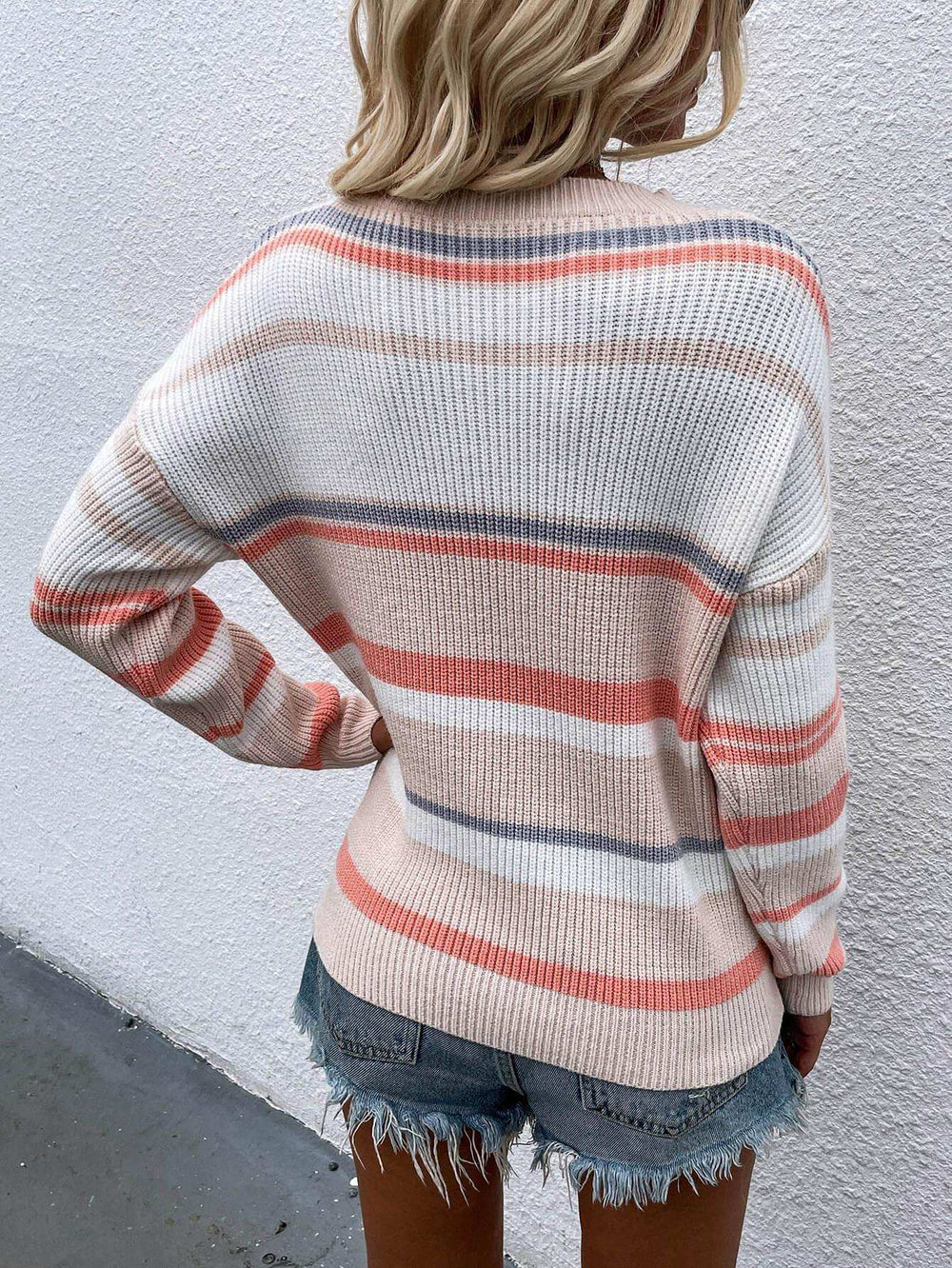 Striped Drop Shoulder Round Neck Pullover Sweater - Trendsi - Flyclothing LLC