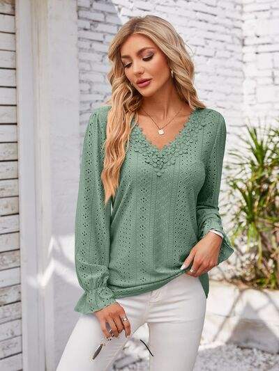Applique V-Neck Flounce Sleeve T-Shirt - Trendsi - Flyclothing LLC