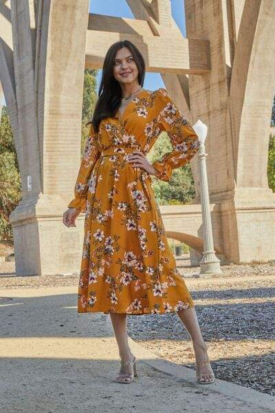 Double Take Full Size Floral Tie Back Flounce Sleeve Dress - Trendsi - Flyclothing LLC