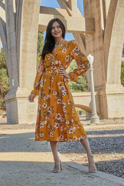 Double Take Full Size Floral Tie Back Flounce Sleeve Dress - Trendsi - Flyclothing LLC