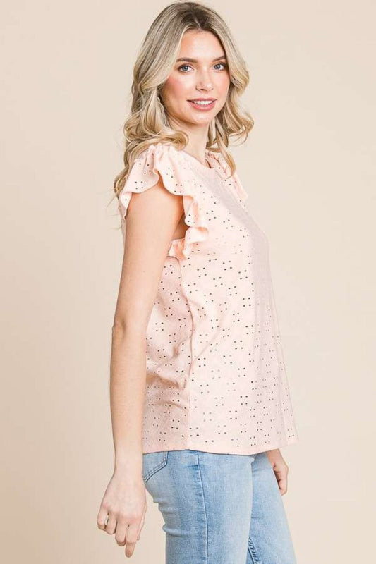 Culture Code Eyelet Round Neck Ruffled Cap Sleeve Top - Trendsi