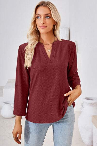 Notched Roll-Tab Sleeve T-Shirt - Trendsi - Flyclothing LLC